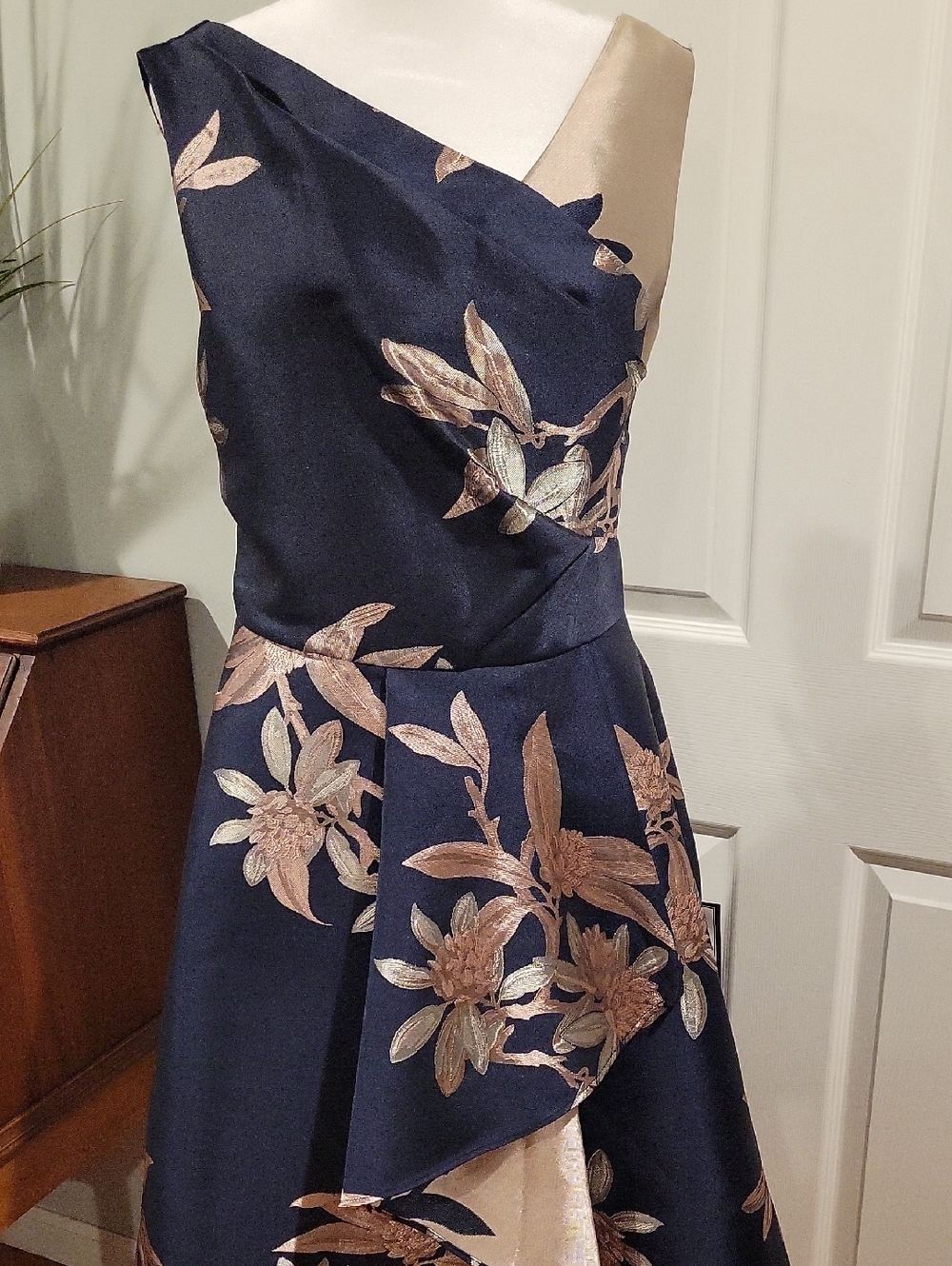 Adrianna Papell Sleeveless Navy Dress with Rose Gold Floral Jacquard - Picture 2 of 11